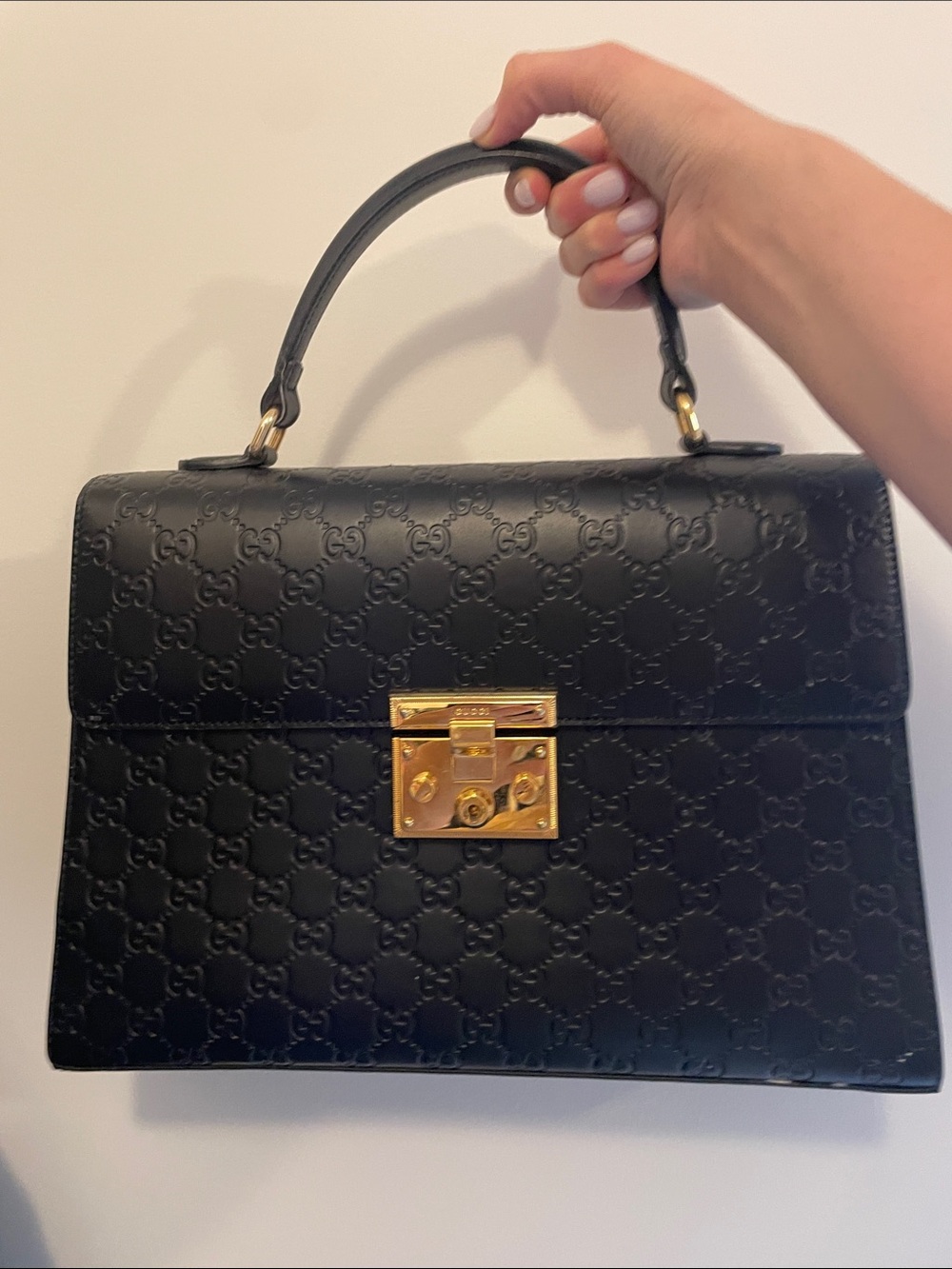Gucci Black Embossed Leather Top-Handle Satchel with Gold Lock